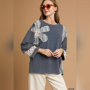 Umgee French Terry Patchwork Sleeve Pullover In Denim